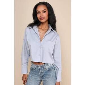Lulus Effortlessly Elevated Light Blue Cropped Button-up Top - Size S
